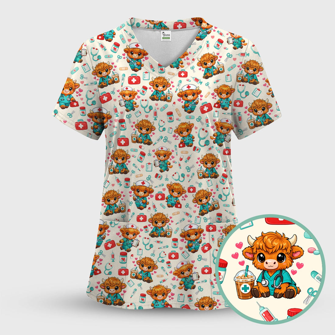 Cute Highland Cow Nurse Scrub Top, Kawaii Medical Pattern Shirt, Breathable Fabrics Nursing Uniform