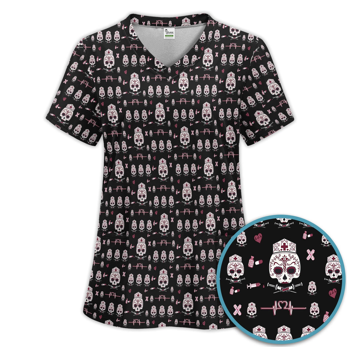 Sugar Skull Scrub Set, Skull Pattern Scrub Shirt, Breathable Fabrics Nursing Uniform