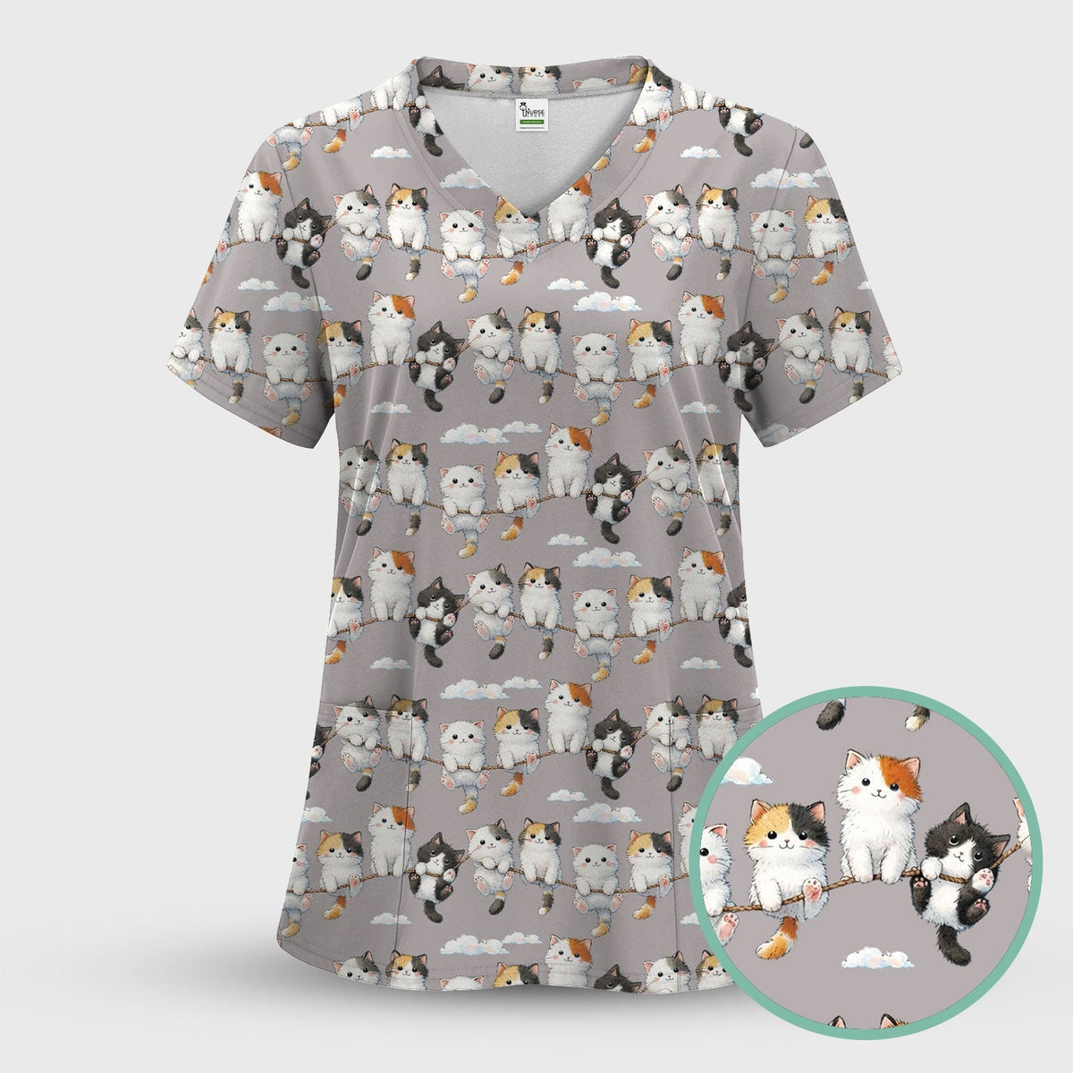 Cute Cats Sitting on Rope Pattern Scrubs Top, Comfortable Scrubs for Nurses