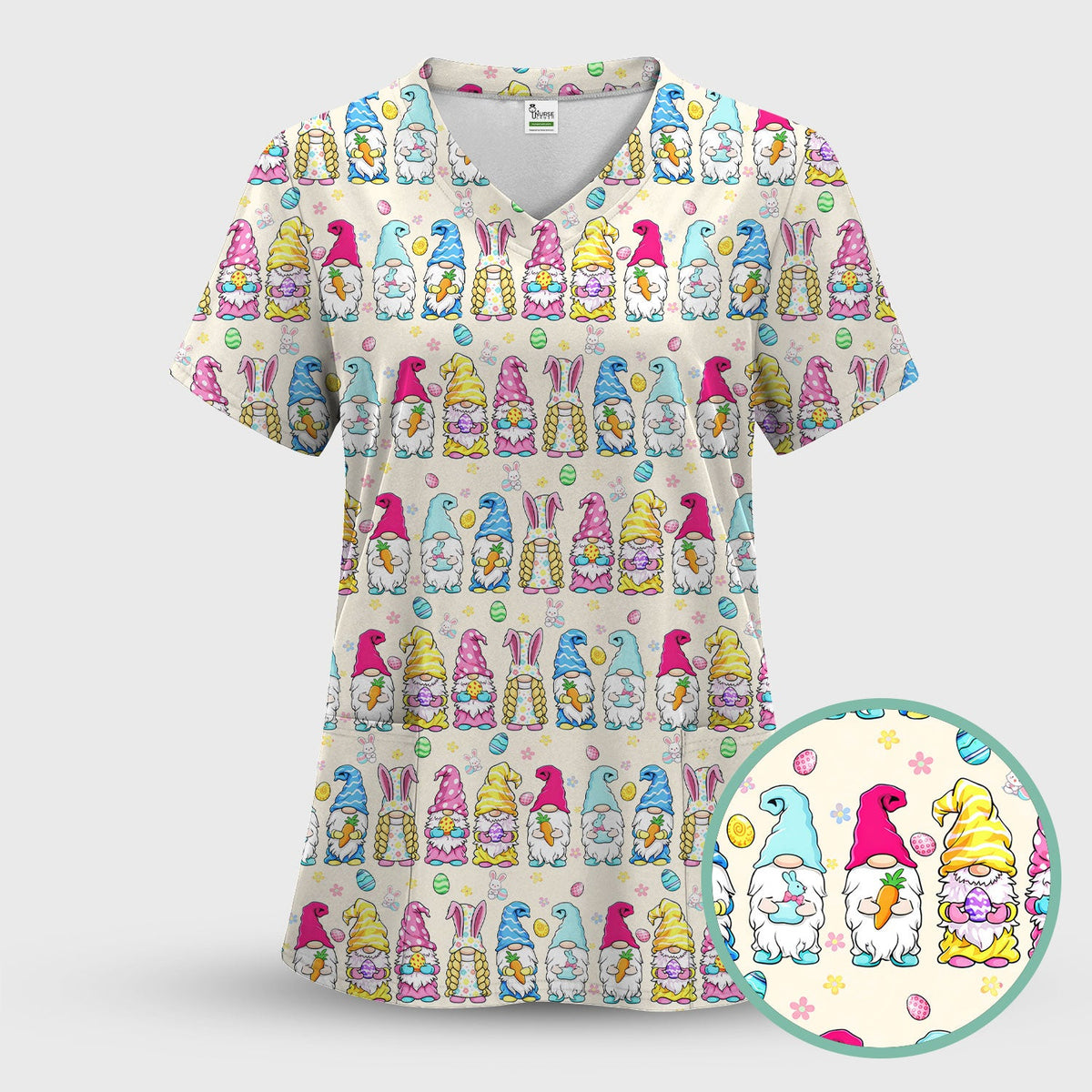 Colorful Easter Gnome Bunny Eggs Nurse Scrub Set
