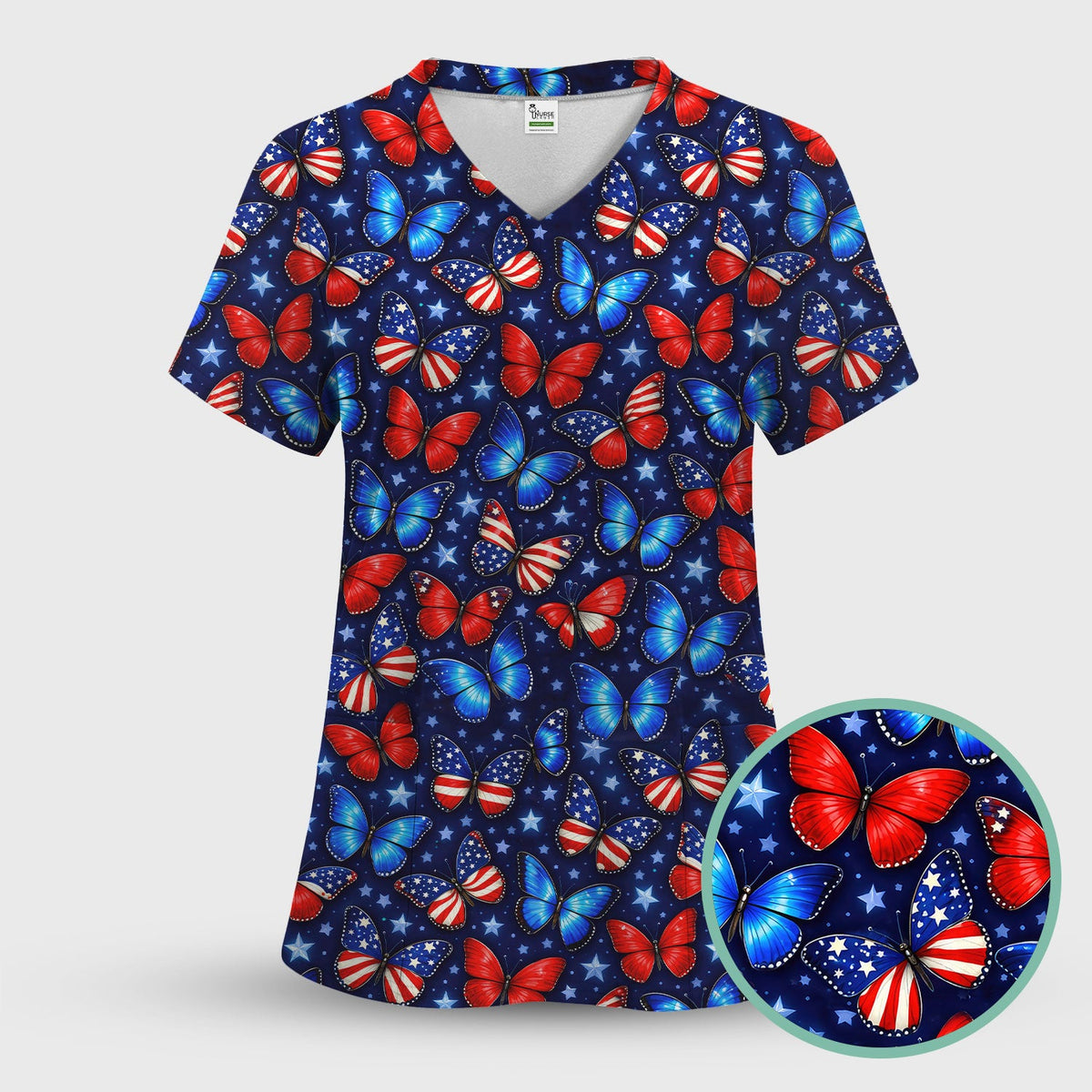 Patriotic Butterfly Stars Pattern Scrubs Top, Comfortable Scrubs for Nurses