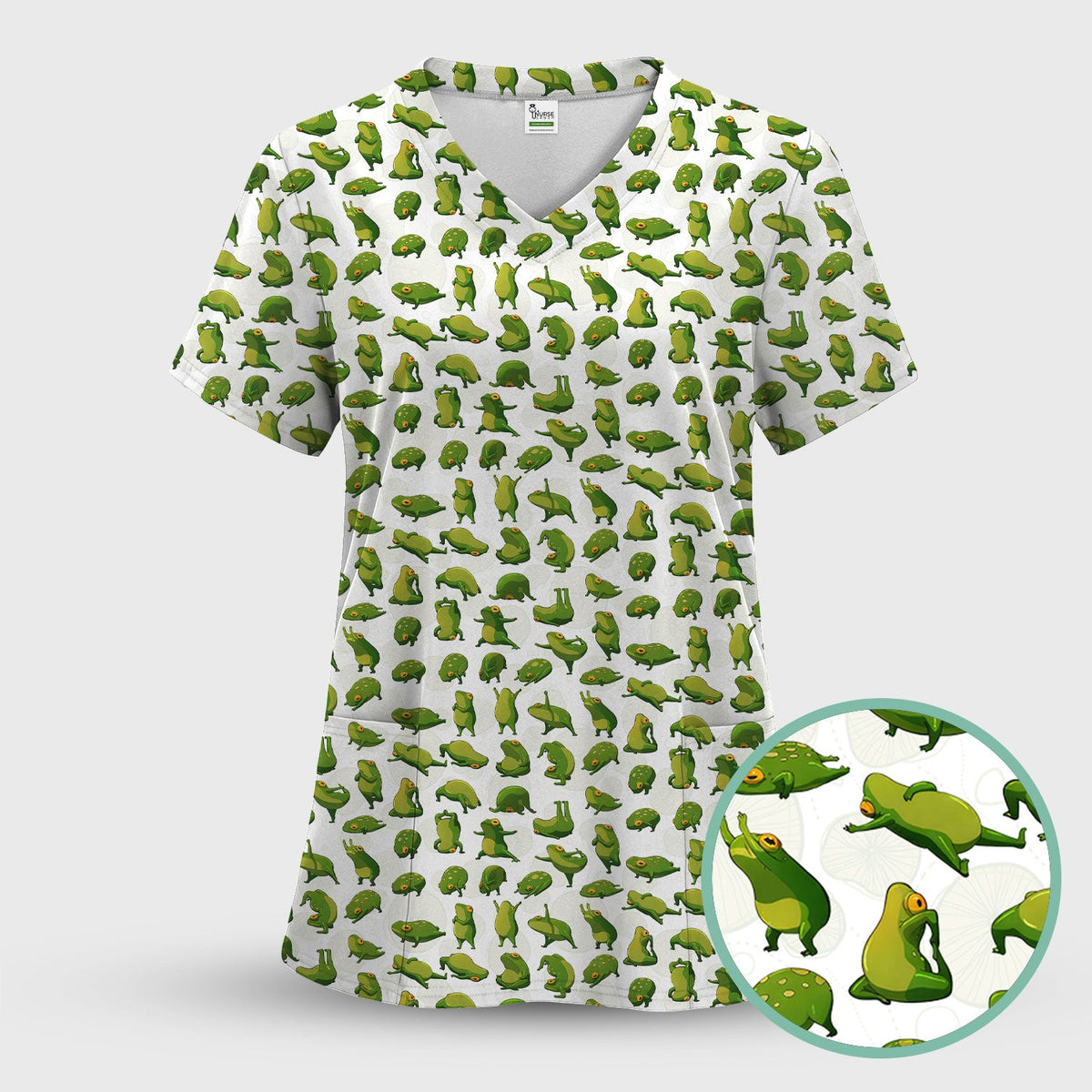 Cute Frog Cartoon Pattern Scrub Set, Breathable Med Uniform