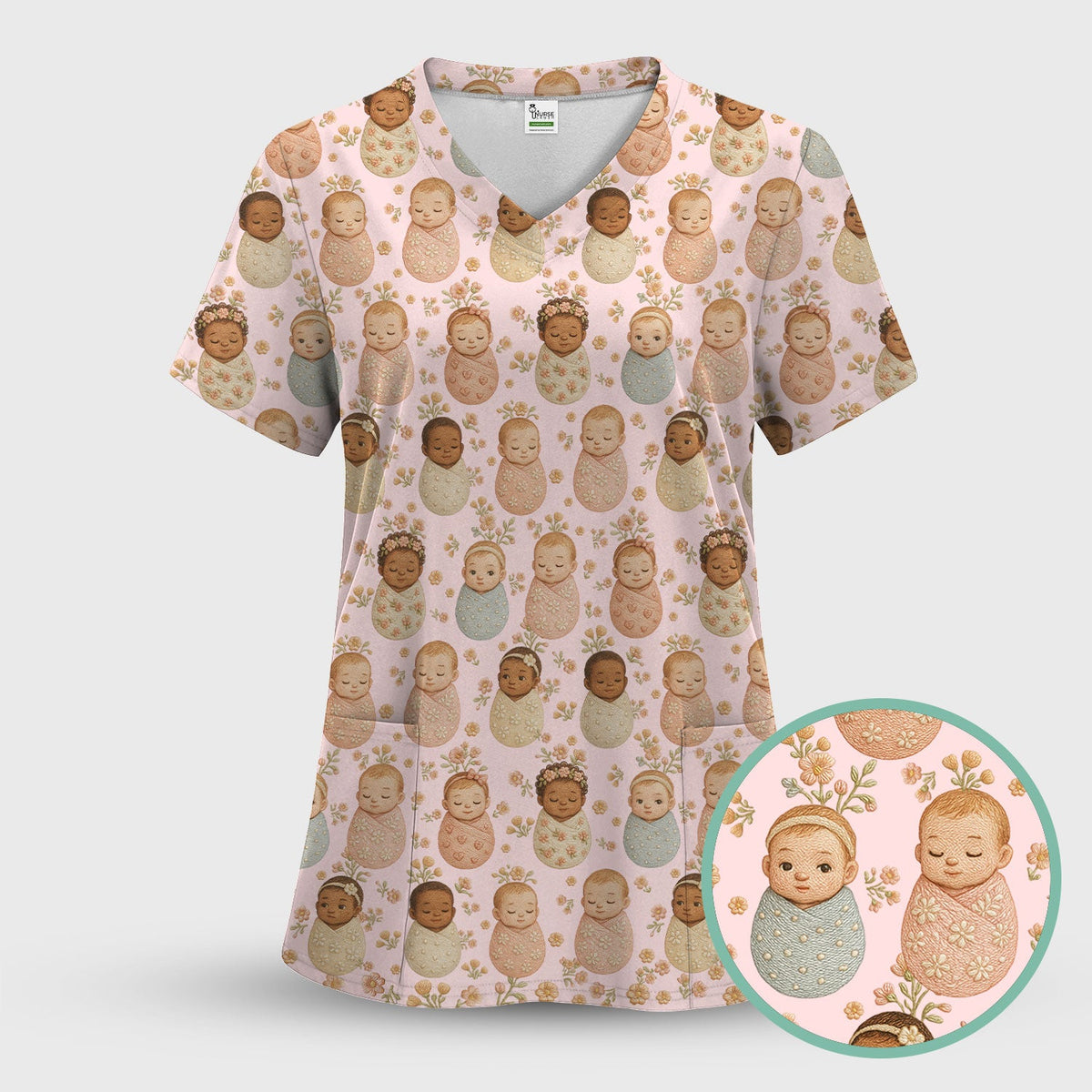 Sweet Newborn Baby Floral Print Women's Scrub Set, Breathable Med Uniform