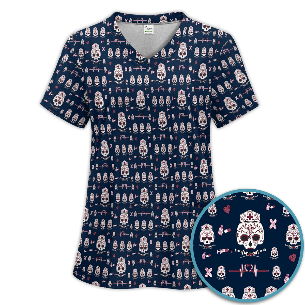 Sugar Skull Scrub Set, Skull Pattern Scrub Shirt, Breathable Fabrics Nursing Uniform