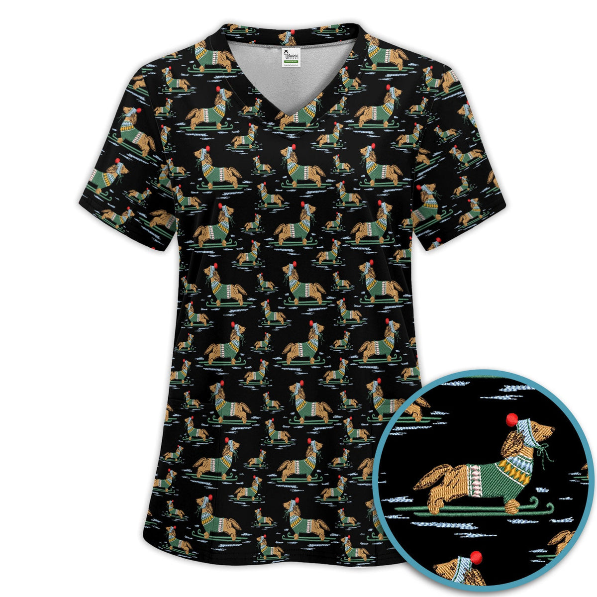 Dachshund Nurse Scrub Set, Wiener Dog Winter Pattern Shirt, Breathable Fabrics Nursing Uniform
