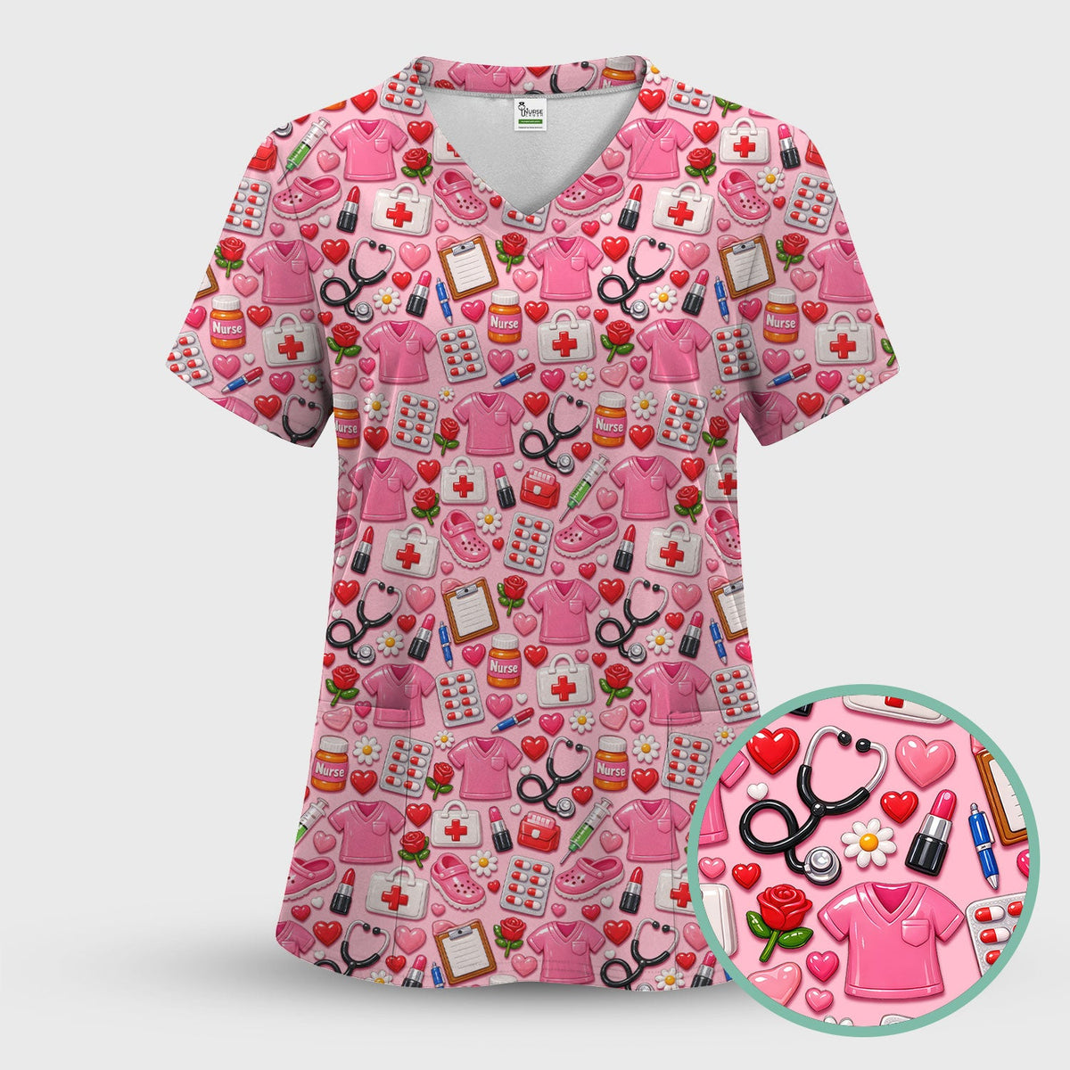 Medical Icons Scrub Set, Cute Pattern Nurse Shirt, Breathable Fabrics Nursing Uniform