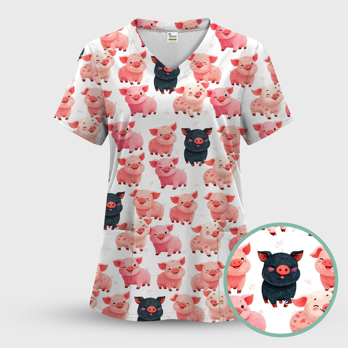 Funny Farm Pig Cartoon Pattern Scrub Top, Comfortable Scrubs for Nurses