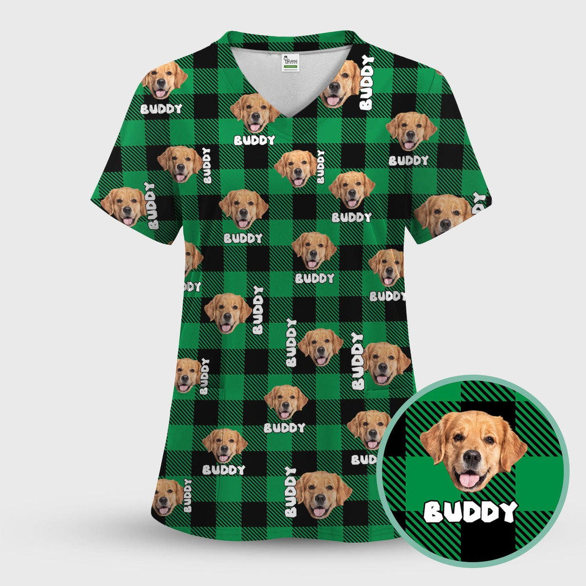 Custom Dog Face Scrub Top, Personalized Pet Photo Checkered Pattern Shirt, Custom Name Vet Tech Gift For Nursing