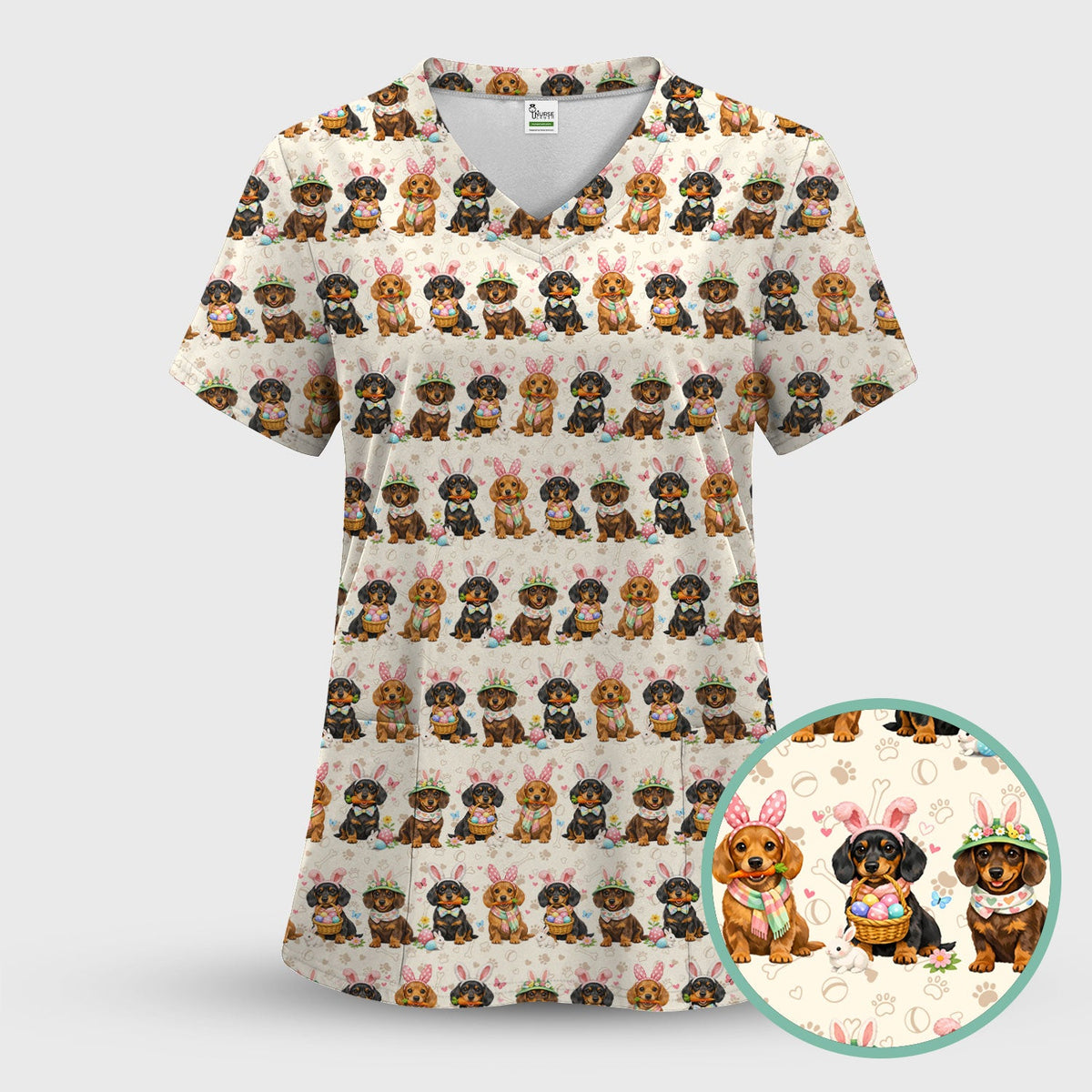 Cute Easter Dachshund Dog Bunny Print Scrub Top, Breathable Fabrics Nursing Uniform