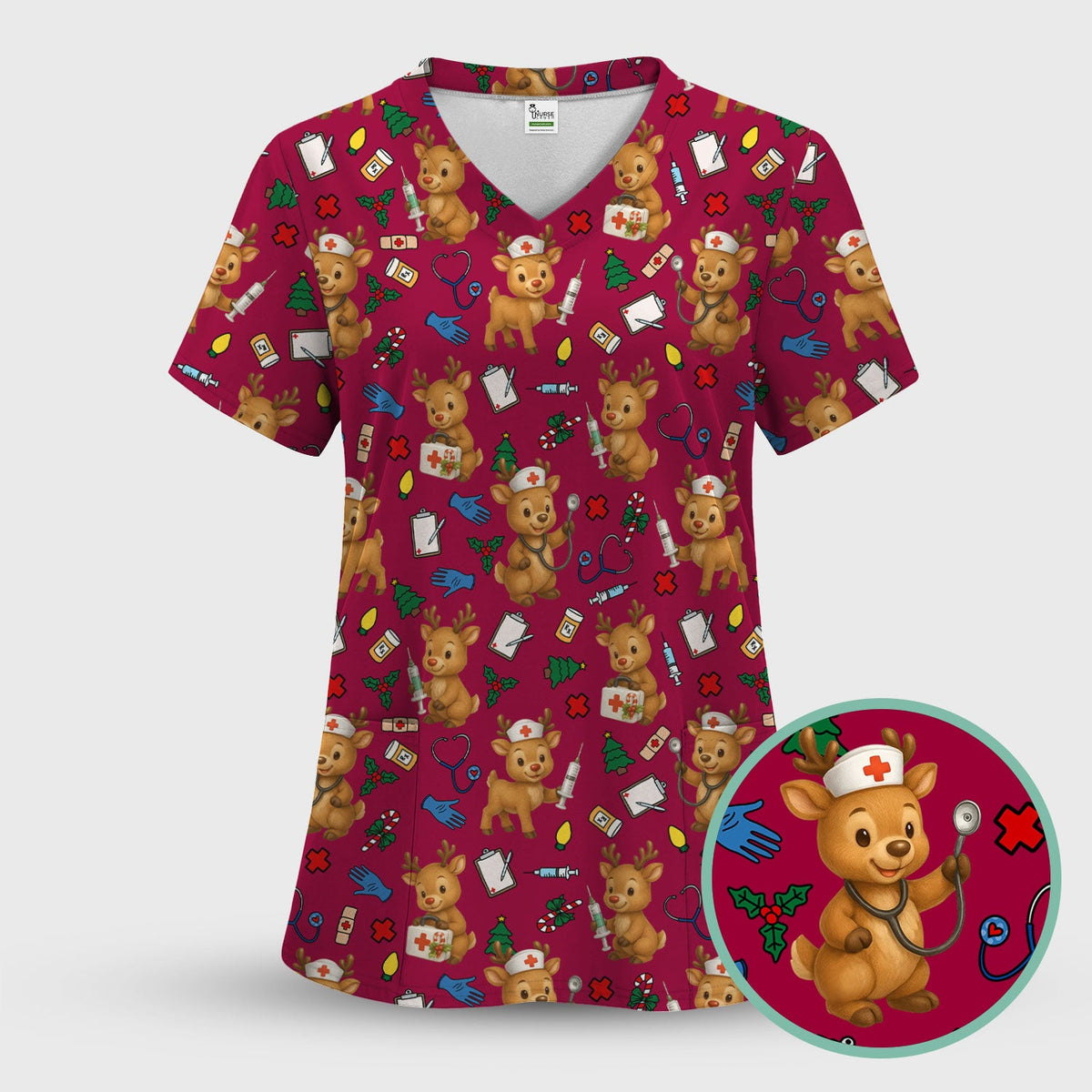 Christmas Scrub Tops and Pants - Reindeer Pattern Nurse Scrub Set - Cute Holiday Medical Print Scrubs for Women RN LPN CNA