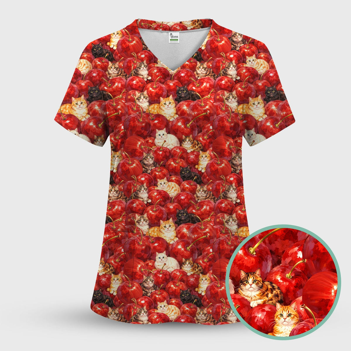 Cat Cherry Nurse Scrub Top