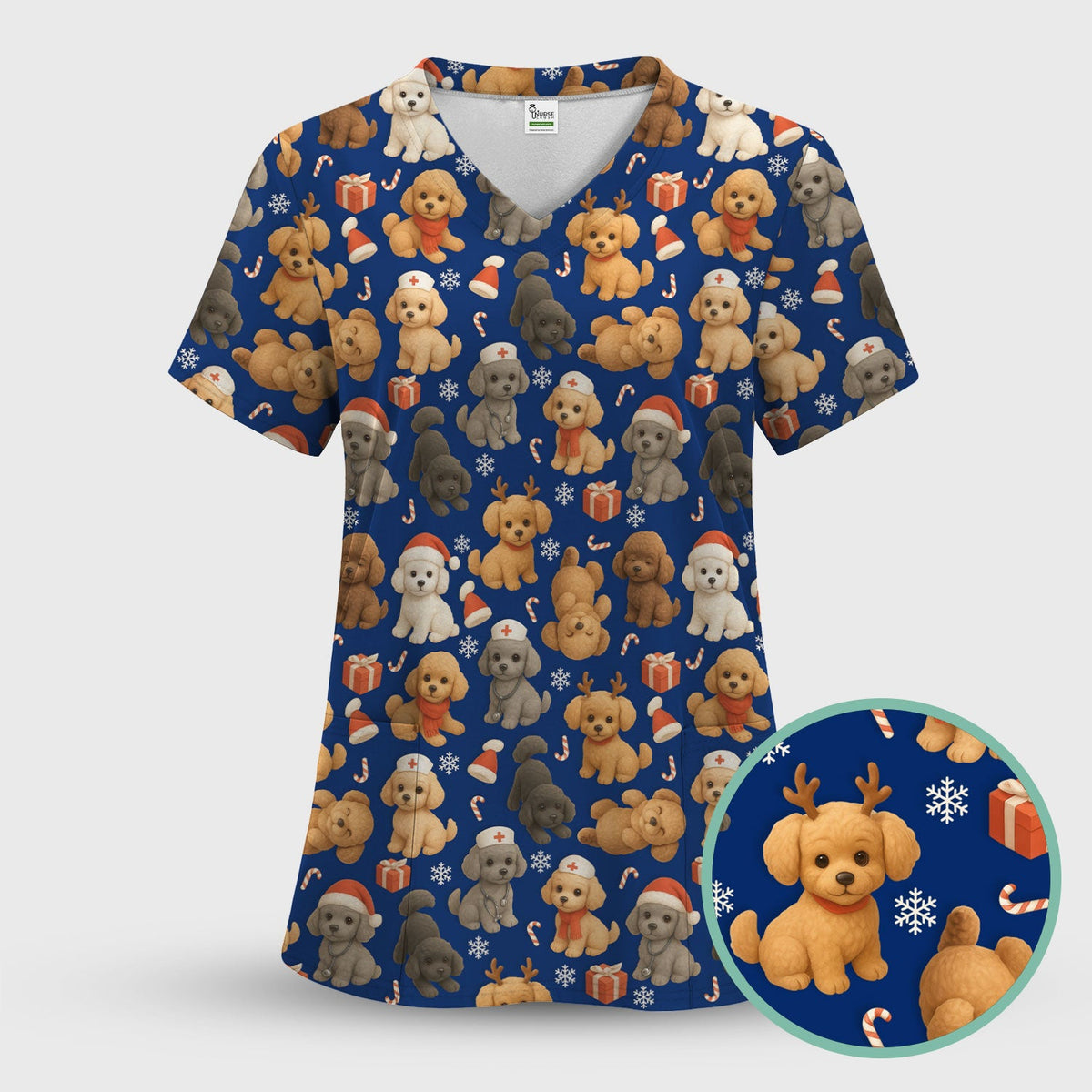 Poodle Scrubs Christmas Edition - Cute Dog Pattern Medical Scrub Top for Women - Holiday Christmas Scrubs with Fun Festive Puppy Print