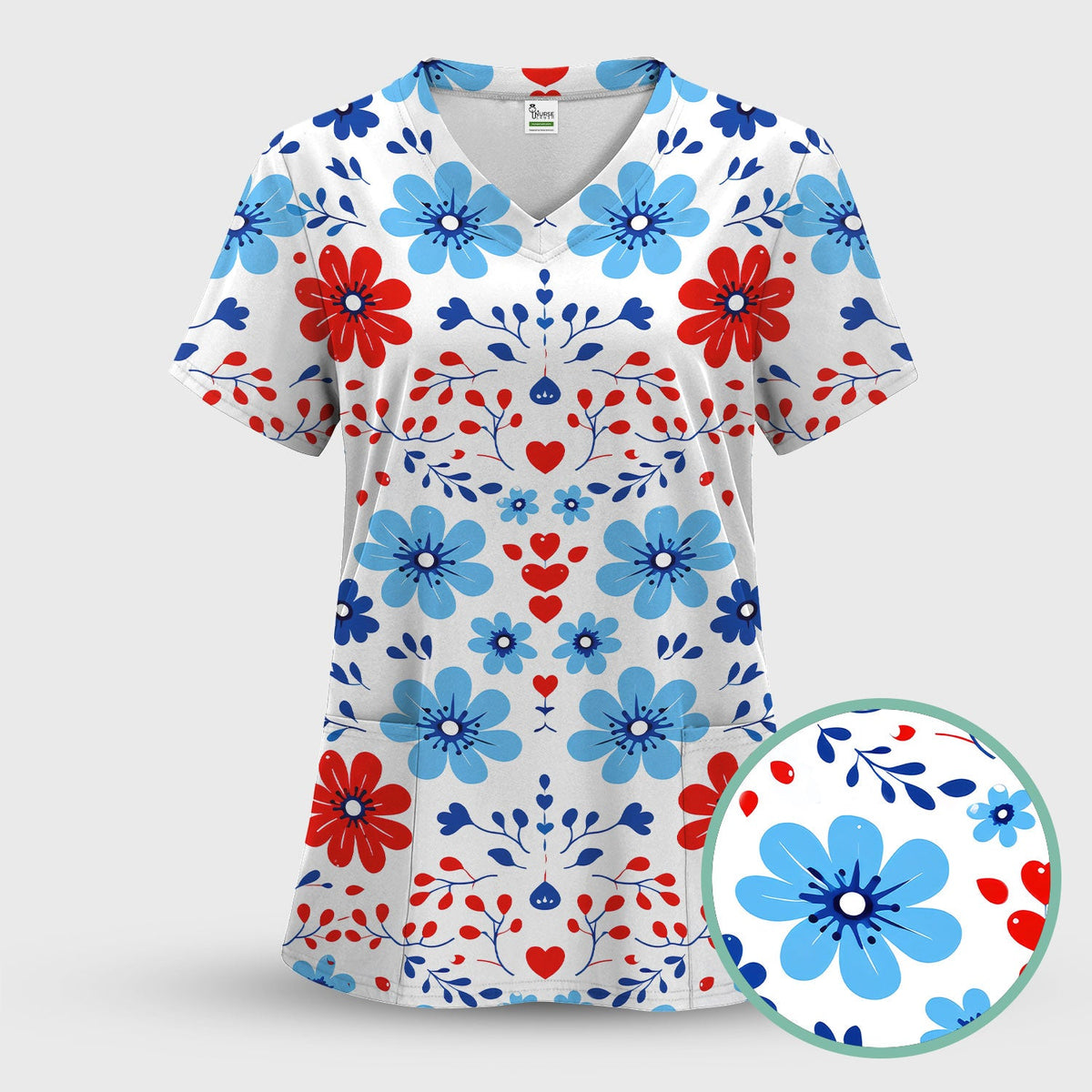 Symmetrical Folk Floral Heart Nurse Scrub Set