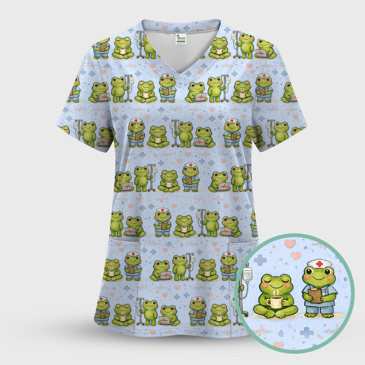 Adorable Frog Various Poses Nurse Scrub Set