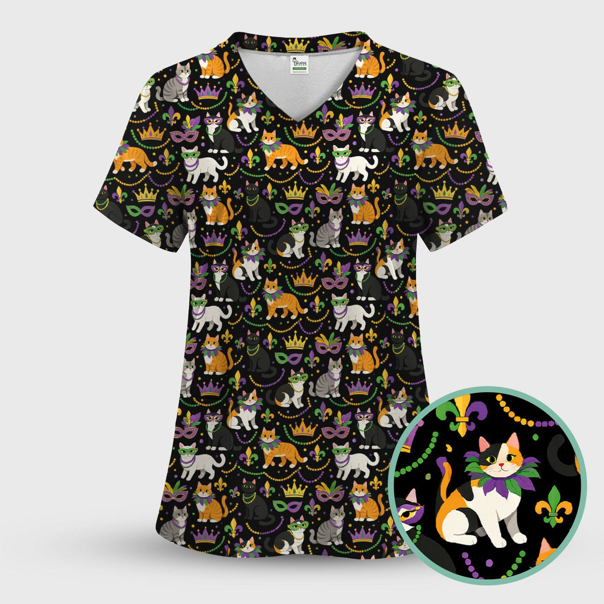 Cat Mardi Gras Nurse Scrub Top