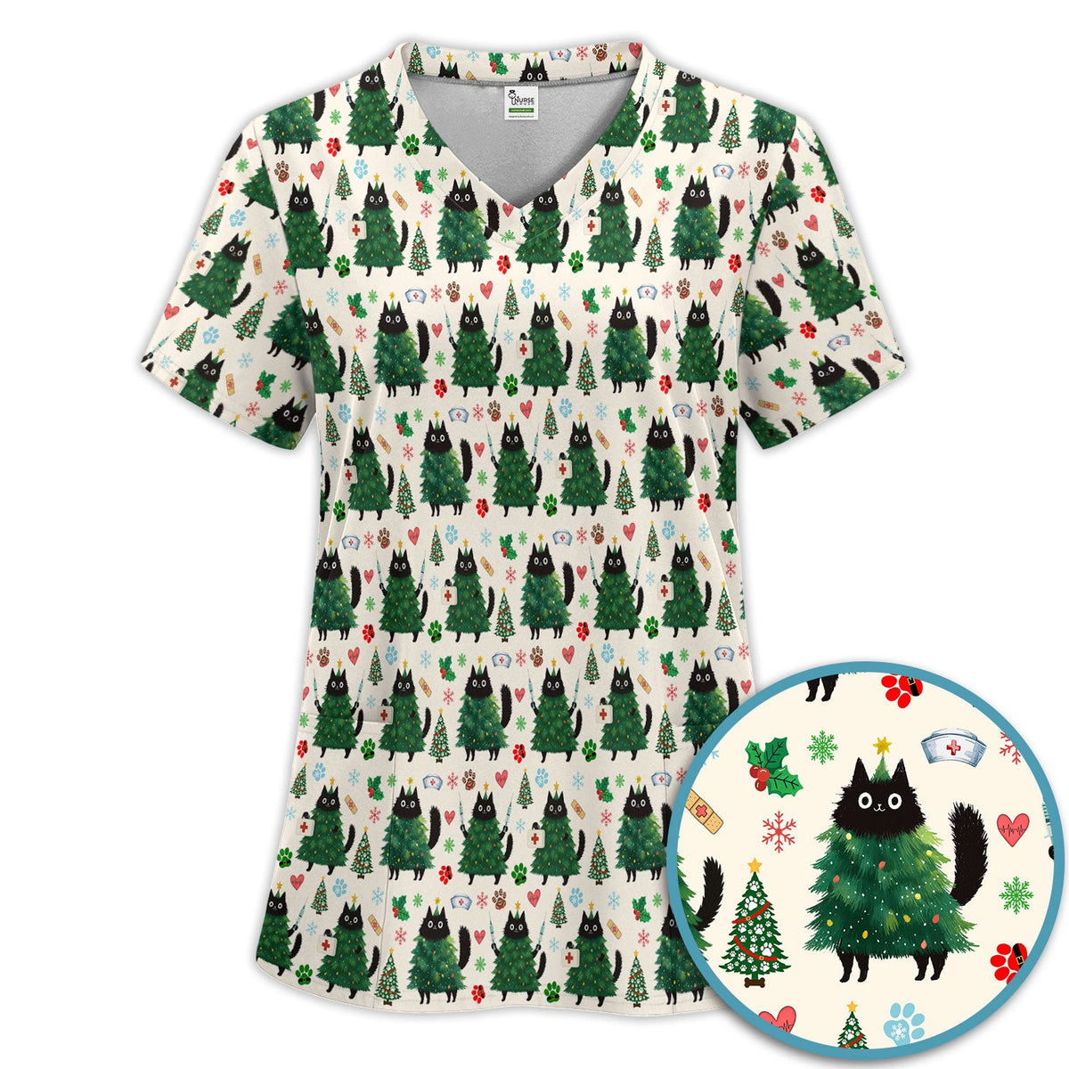 Christmas Black Cat Nurse Scrub Set