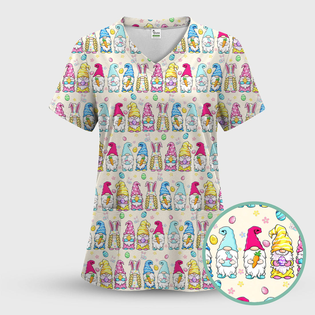 Colorful Easter Gnome Bunny Eggs Nurse Scrub Top