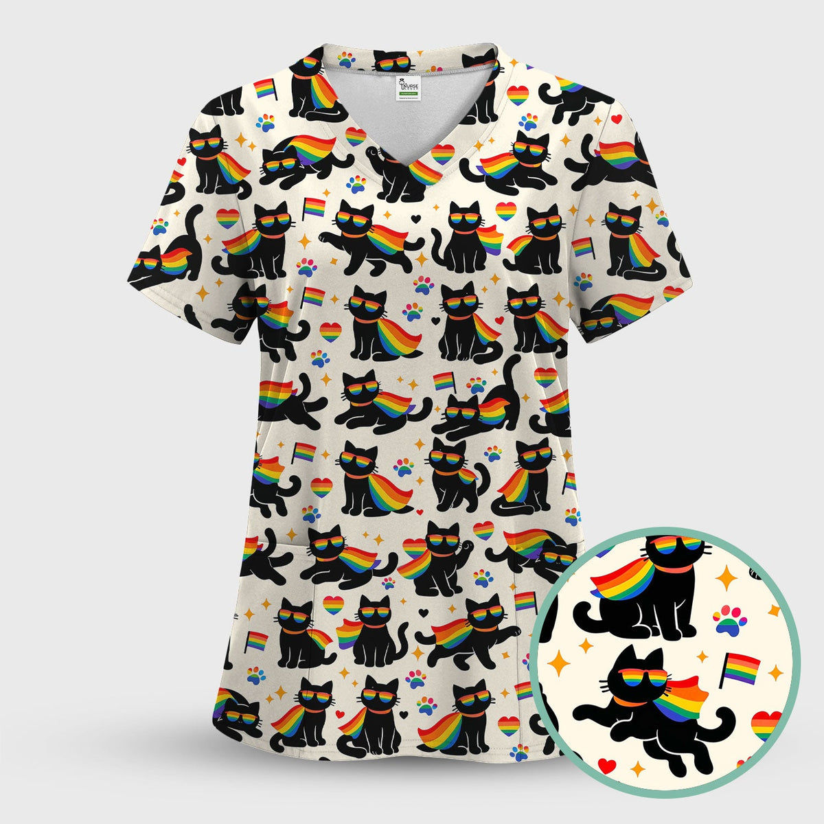 Rainbow Black Cat Pride Nurse Scrub Top