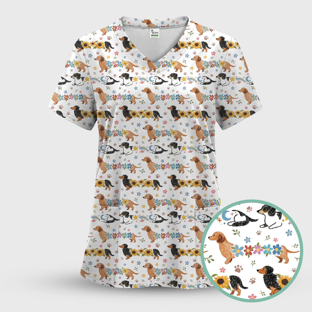 Floral Wiener Dog Nurse Scrub Top