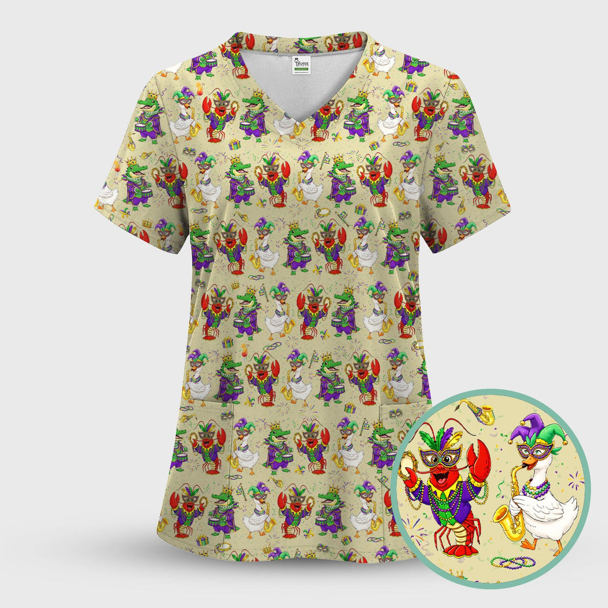 Crawfish Duck Mardi Gras Nurse Scrub Top