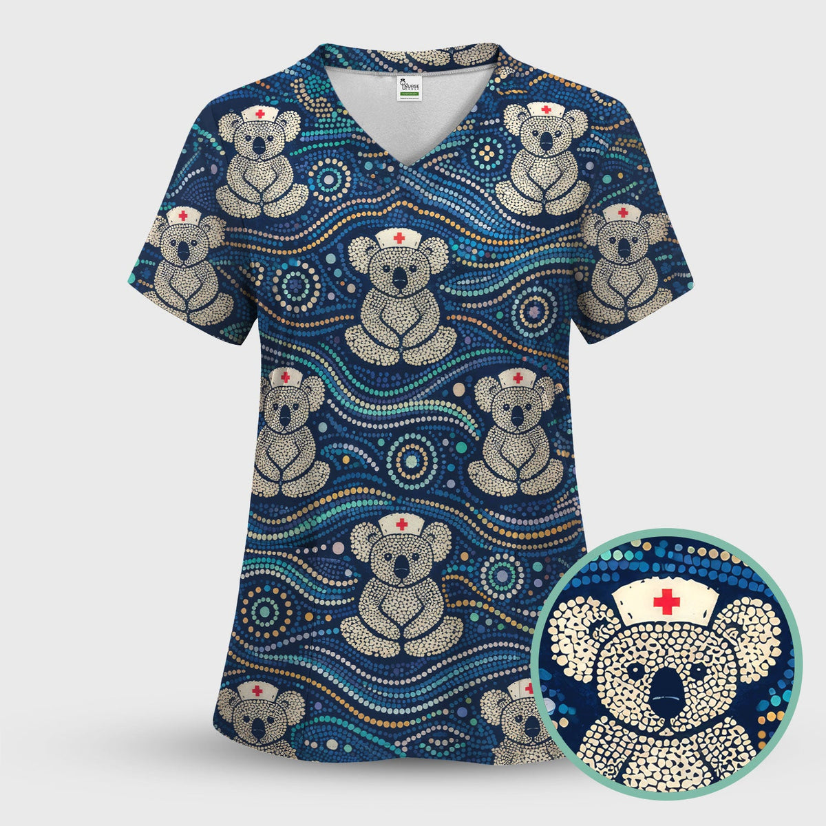 Koala Pattern Nurse Scrub Top, Aboriginal Dot Art Medical Shirt For Women, Breathable Fabrics Nursing Uniform