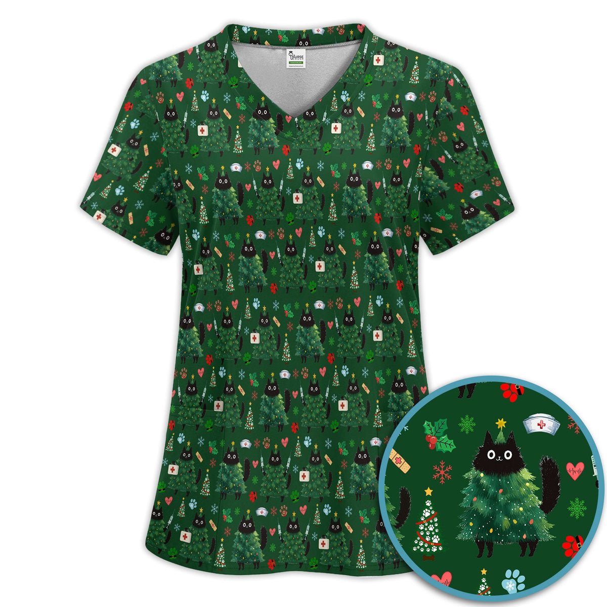 Christmas Black Cat Nurse Scrub Set