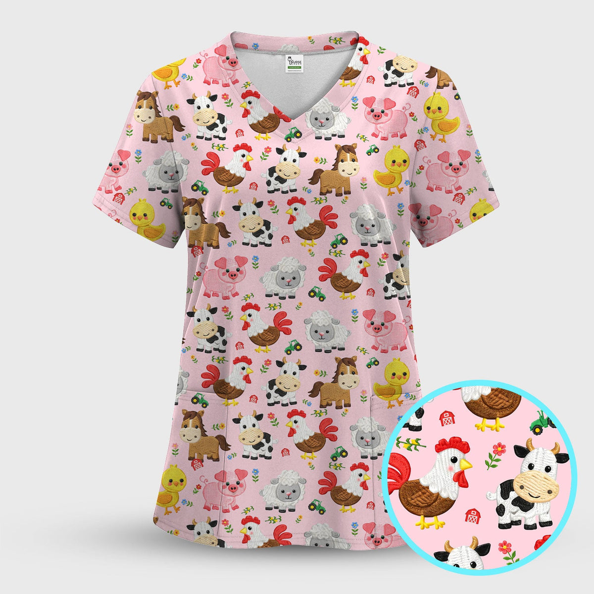 Cartoon Farm Animal Nurse Scrub Set