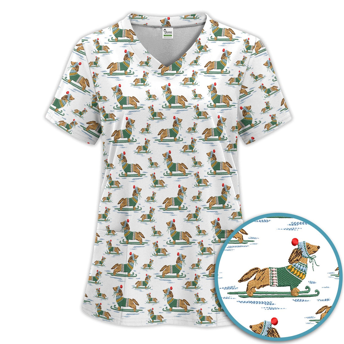 Dachshund Nurse Scrub Set, Wiener Dog Winter Pattern Shirt, Breathable Fabrics Nursing Uniform