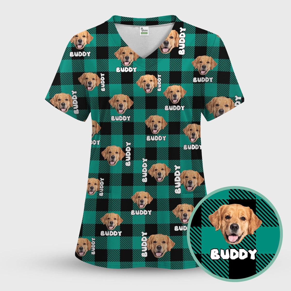 Custom Dog Face Scrub Top, Personalized Pet Photo Checkered Pattern Shirt, Custom Name Vet Tech Gift For Nursing