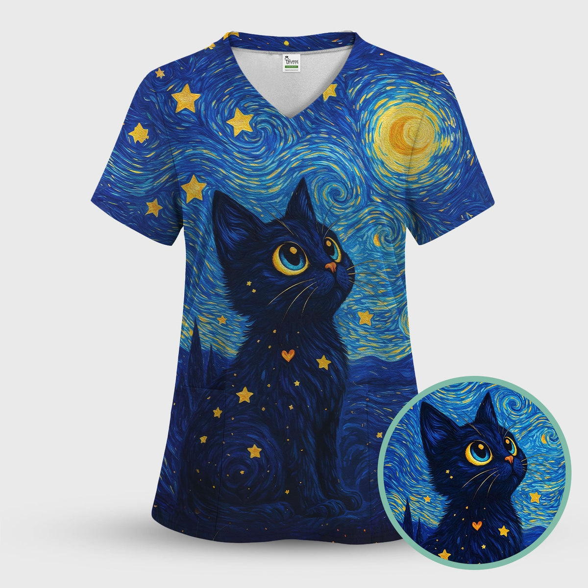 Black Cat Starry Night Nurse Scrub Top