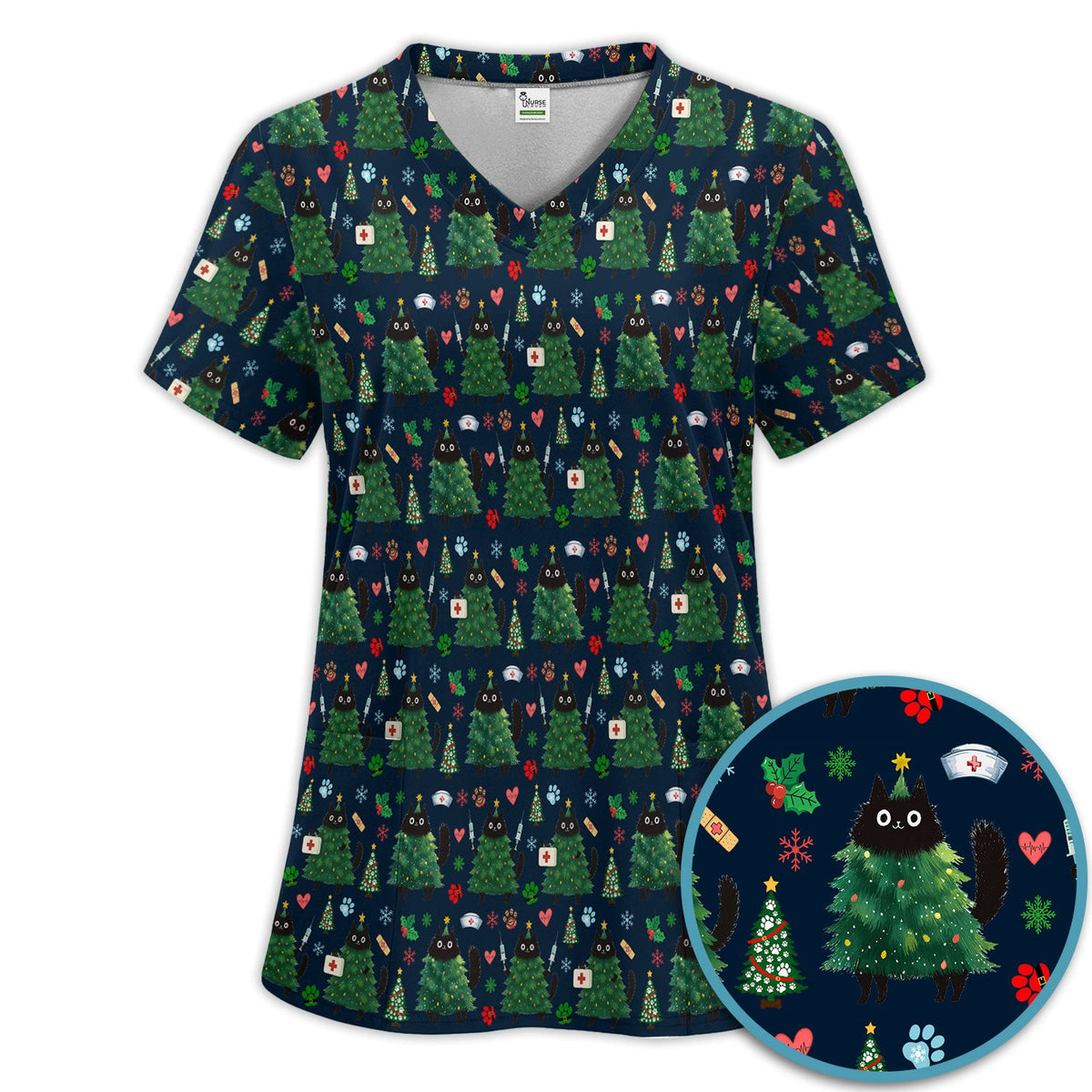 Christmas Black Cat Nurse Scrub Set