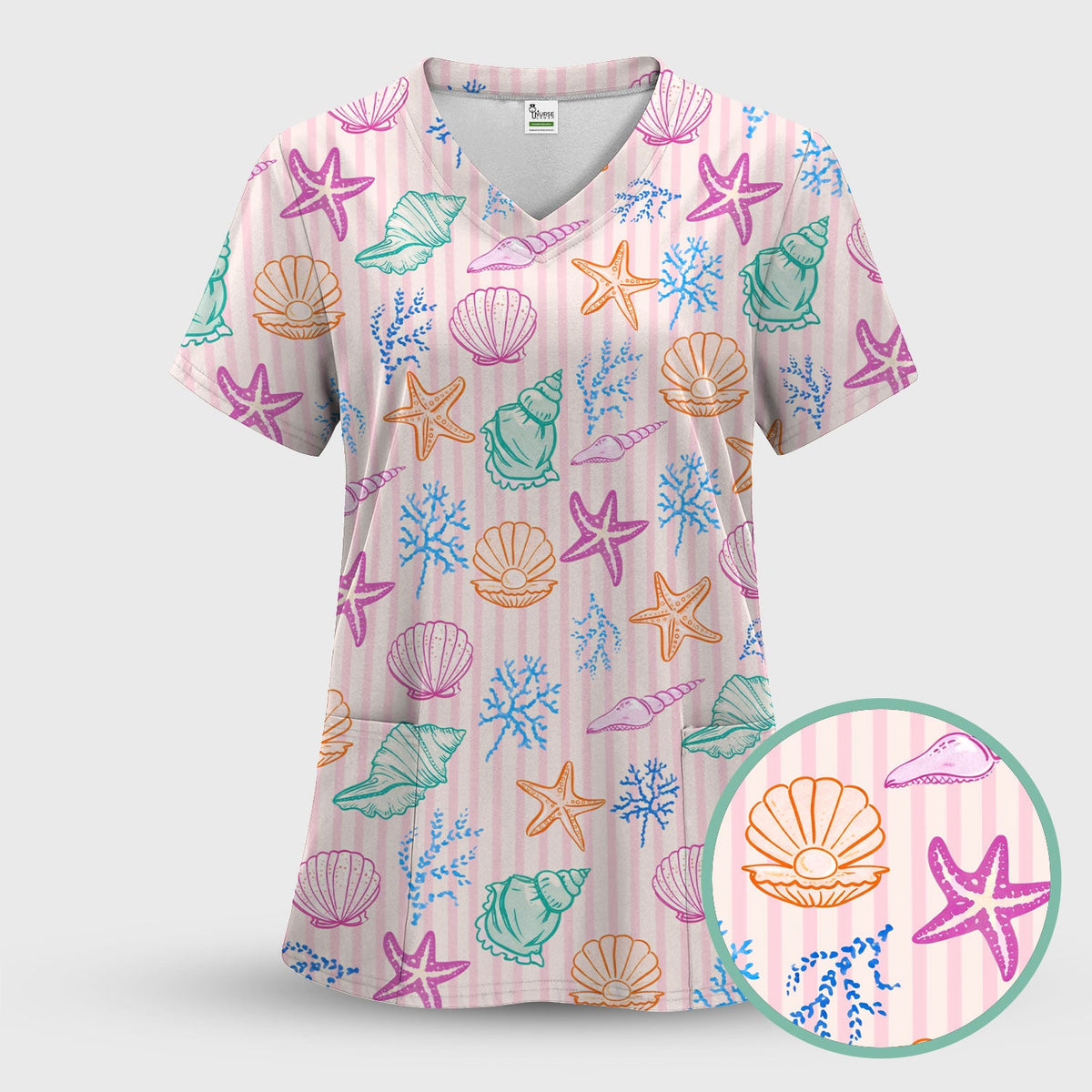 Colorful Seashell Starfish Ocean Stripe Nurse Scrub Set