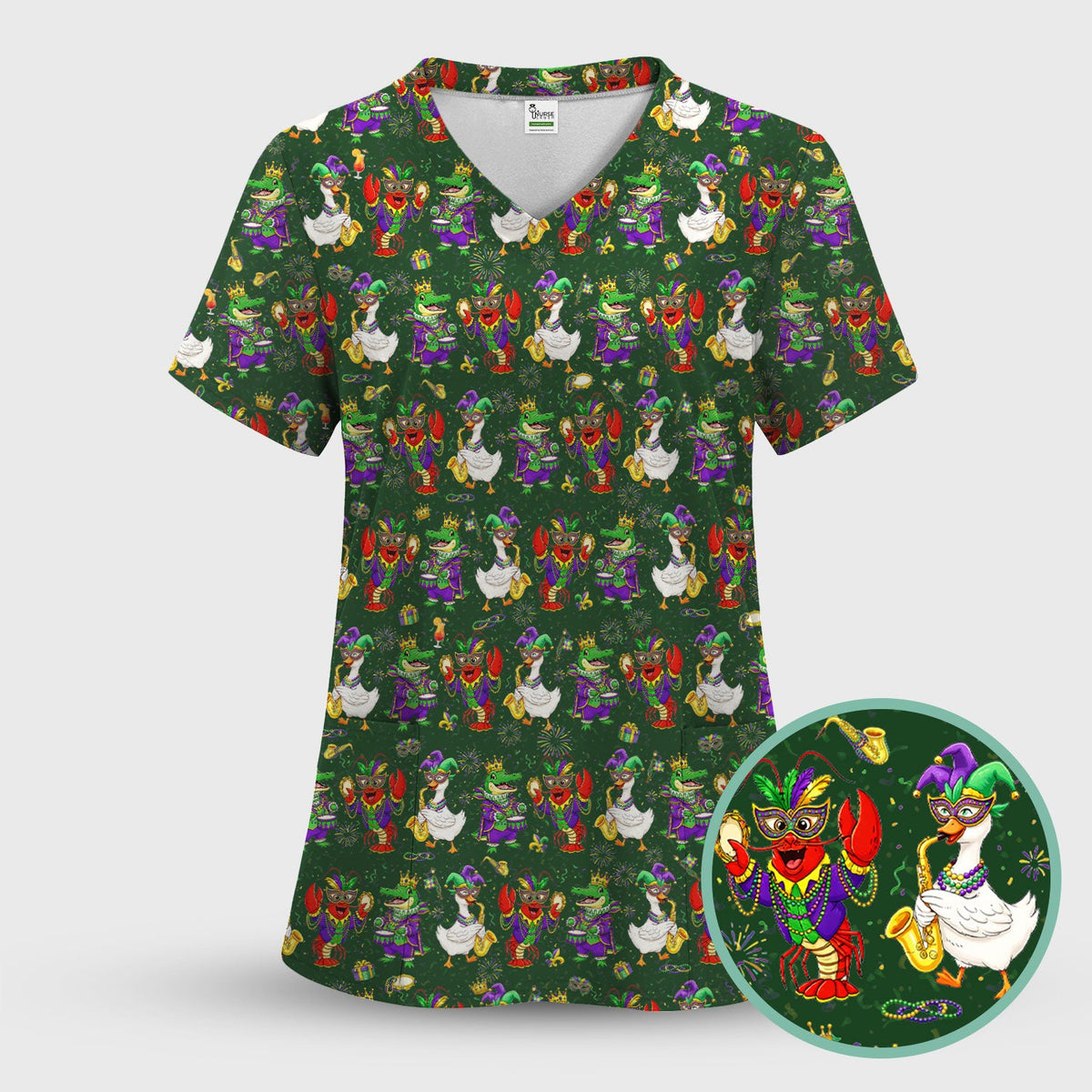 Crawfish Duck Mardi Gras Nurse Scrub Top
