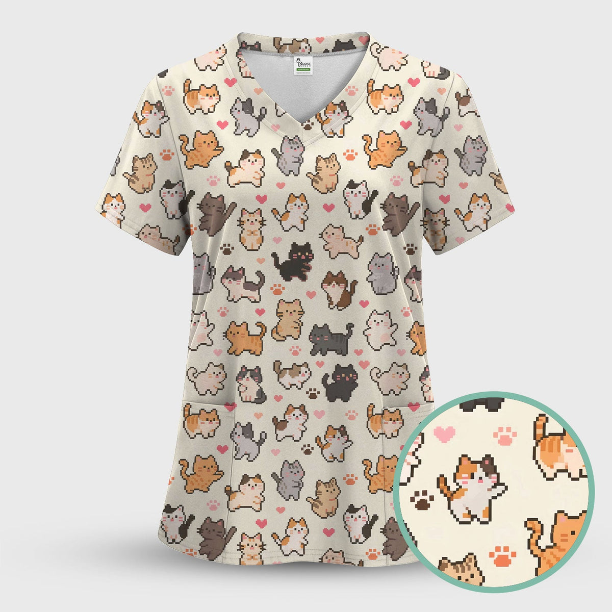 Pixel Cat Heart Paw Nurse Scrub Top