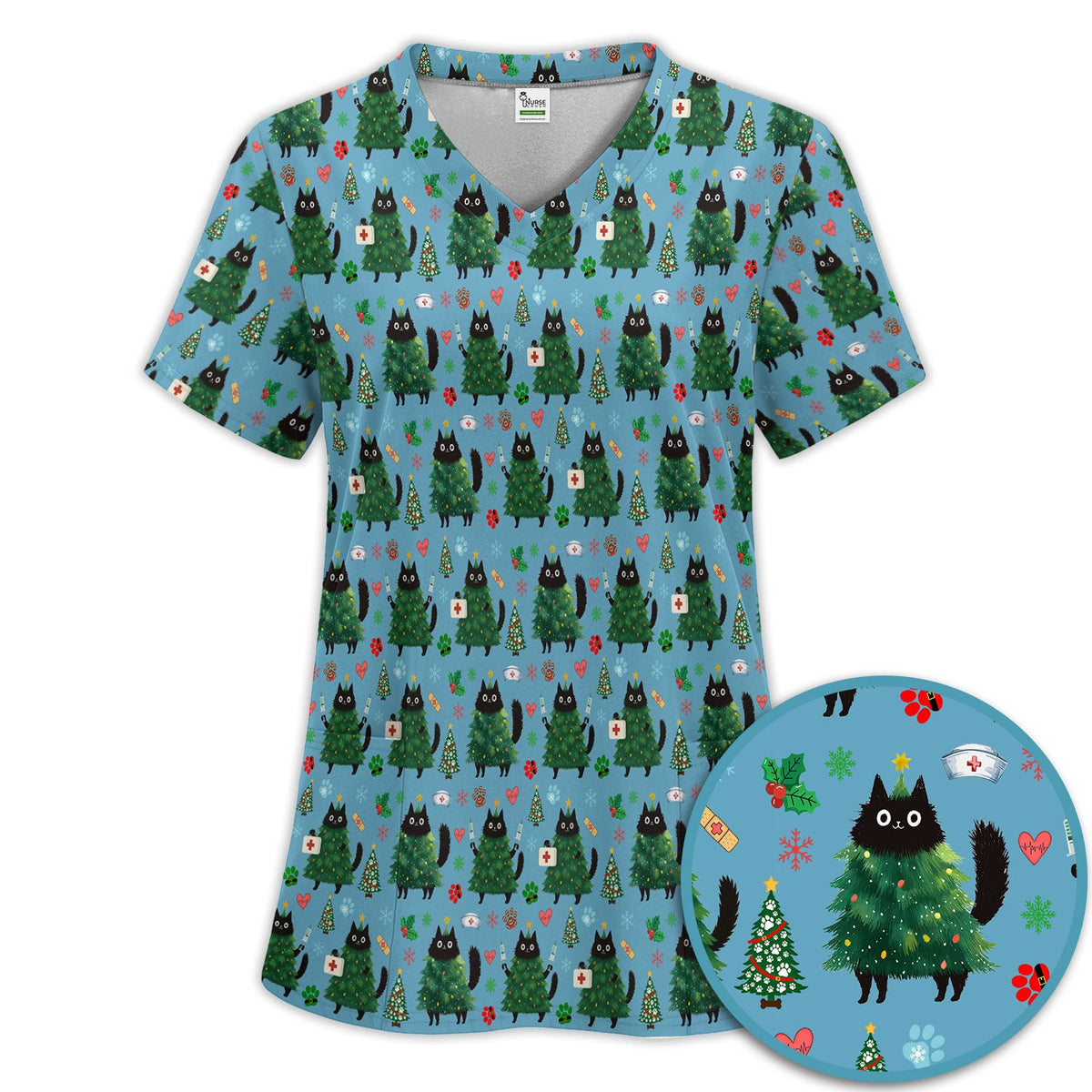 Christmas Black Cat Nurse Scrub Set