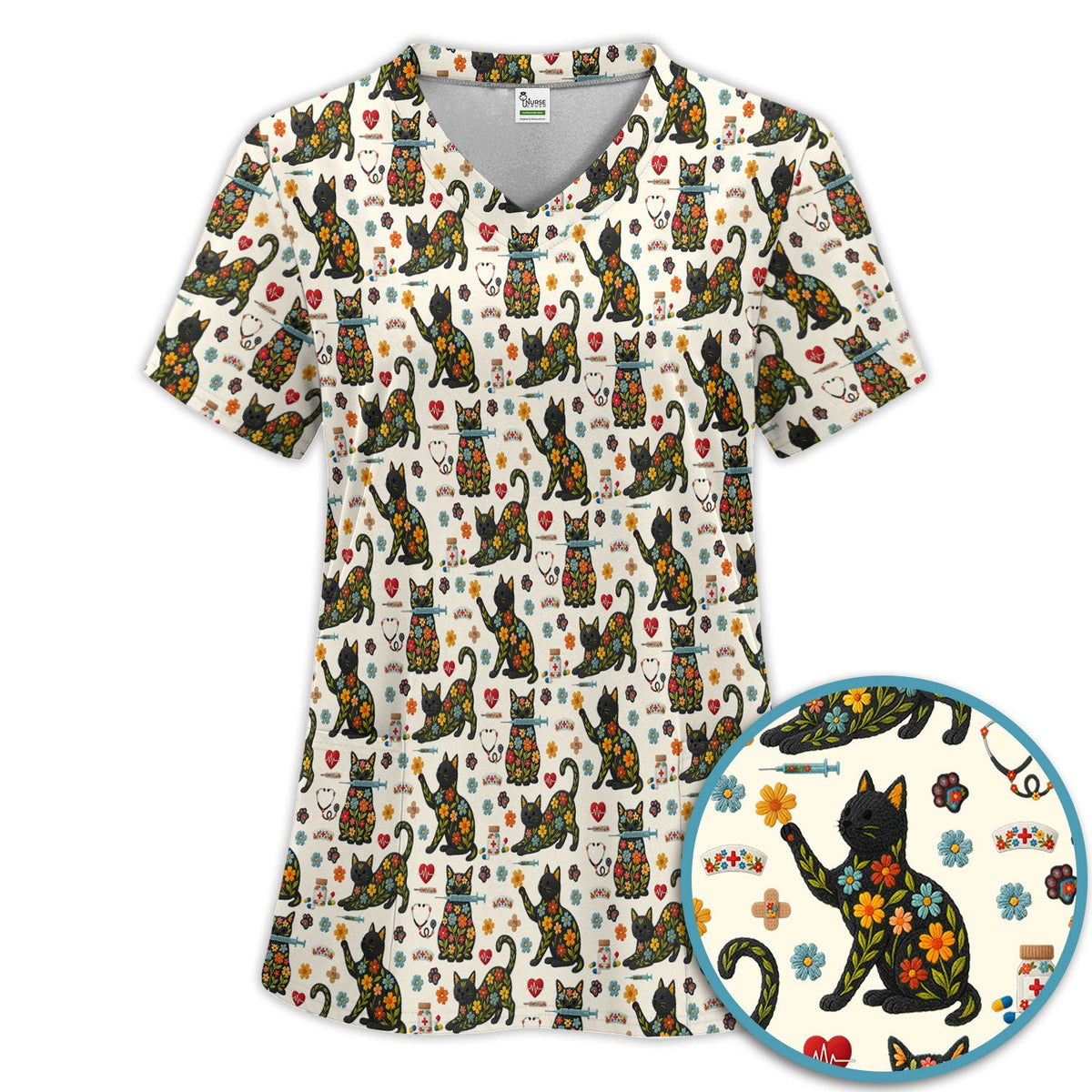 Floral Black Cat Nurse Scrub Set