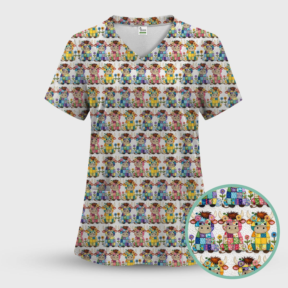 Patchwork Cow Flowers Nurse Scrub Set