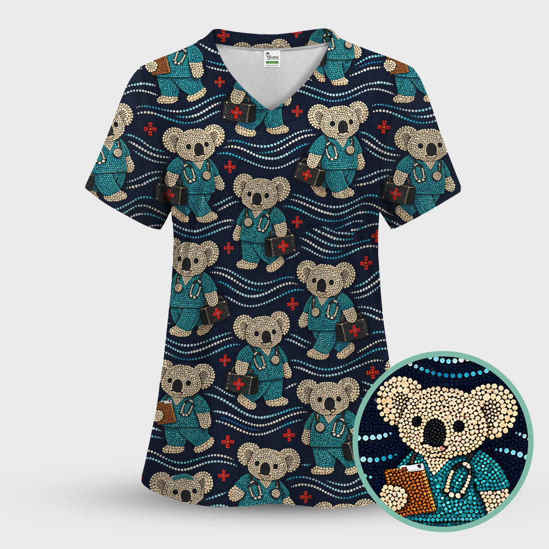 Aboriginal Dot Art Pattern Nurse Scrub Top, Koala Medical Shirt For Women, Breathable Fabrics Nursing Uniform