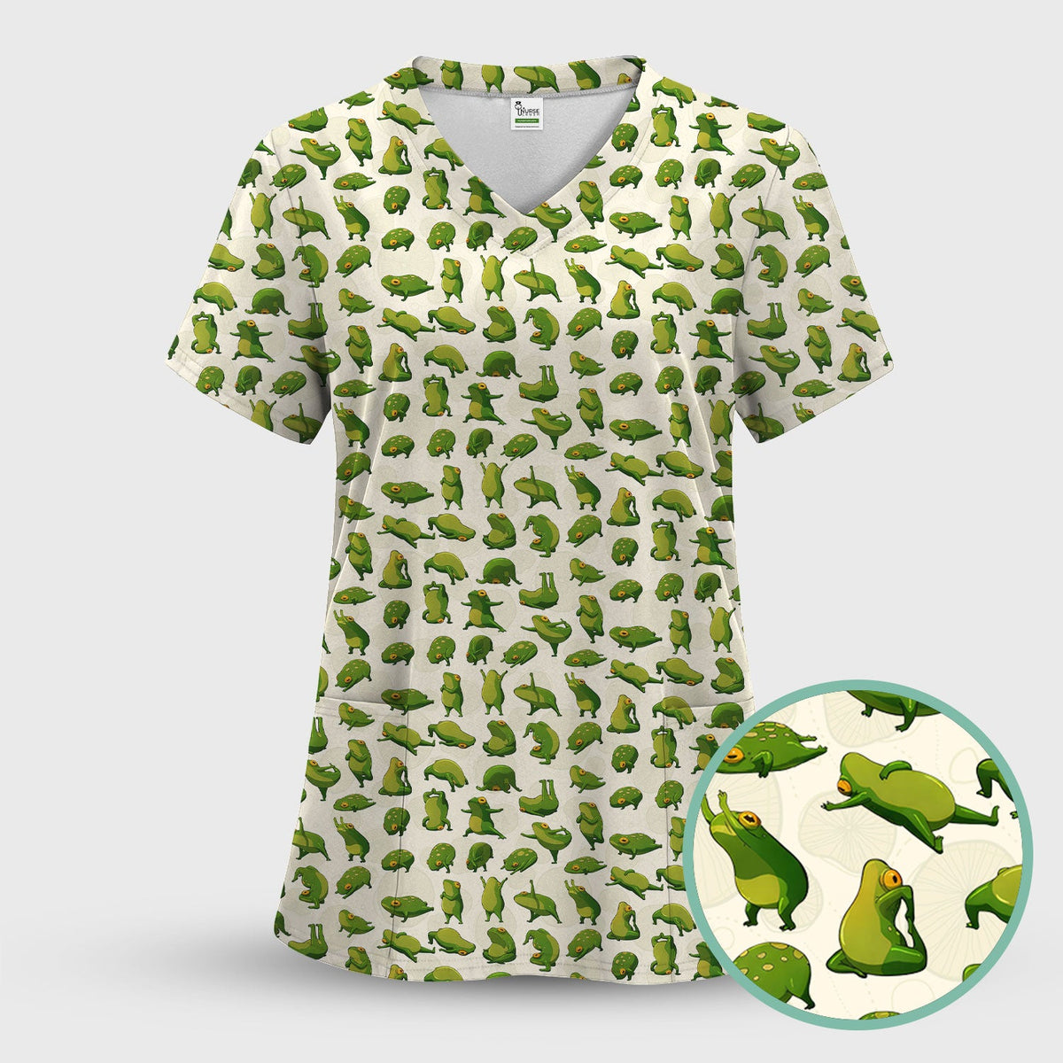 Cute Frog Cartoon Pattern Scrub Set, Breathable Med Uniform