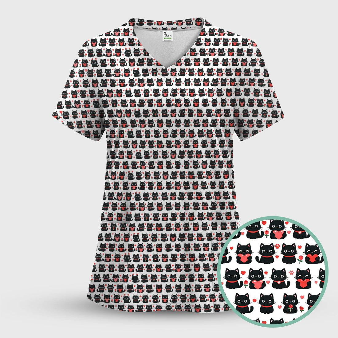 Black Cat Valentine Cute Heart Nurse Scrub Top