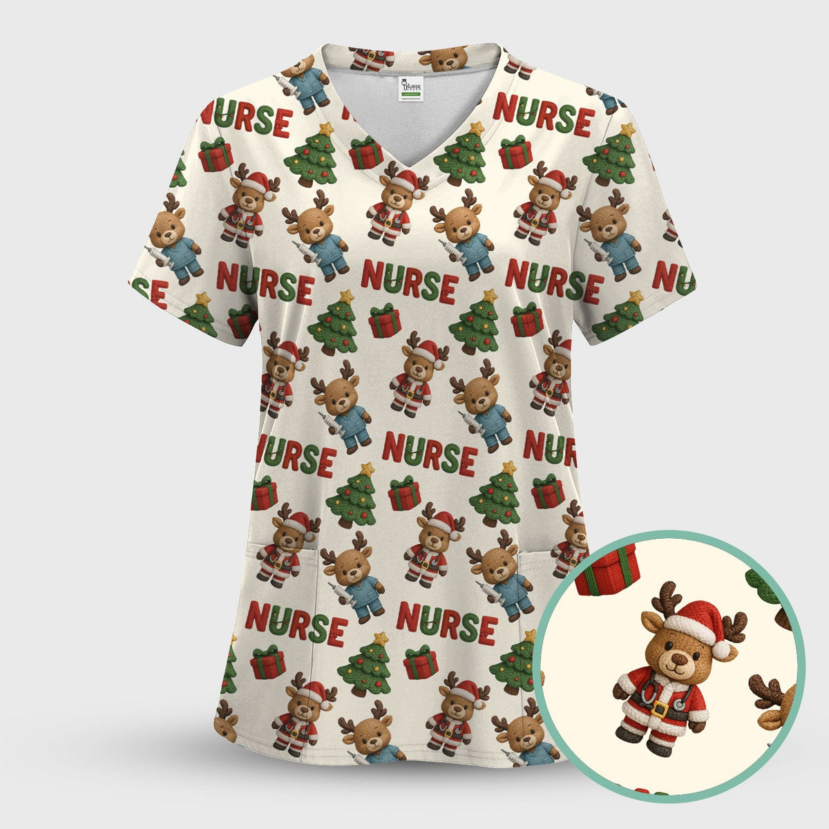 Reindeer Christmas Scrub Top, Cute Holiday Nurse Scrub Shirt, Festive Pattern Nursing Uniform
