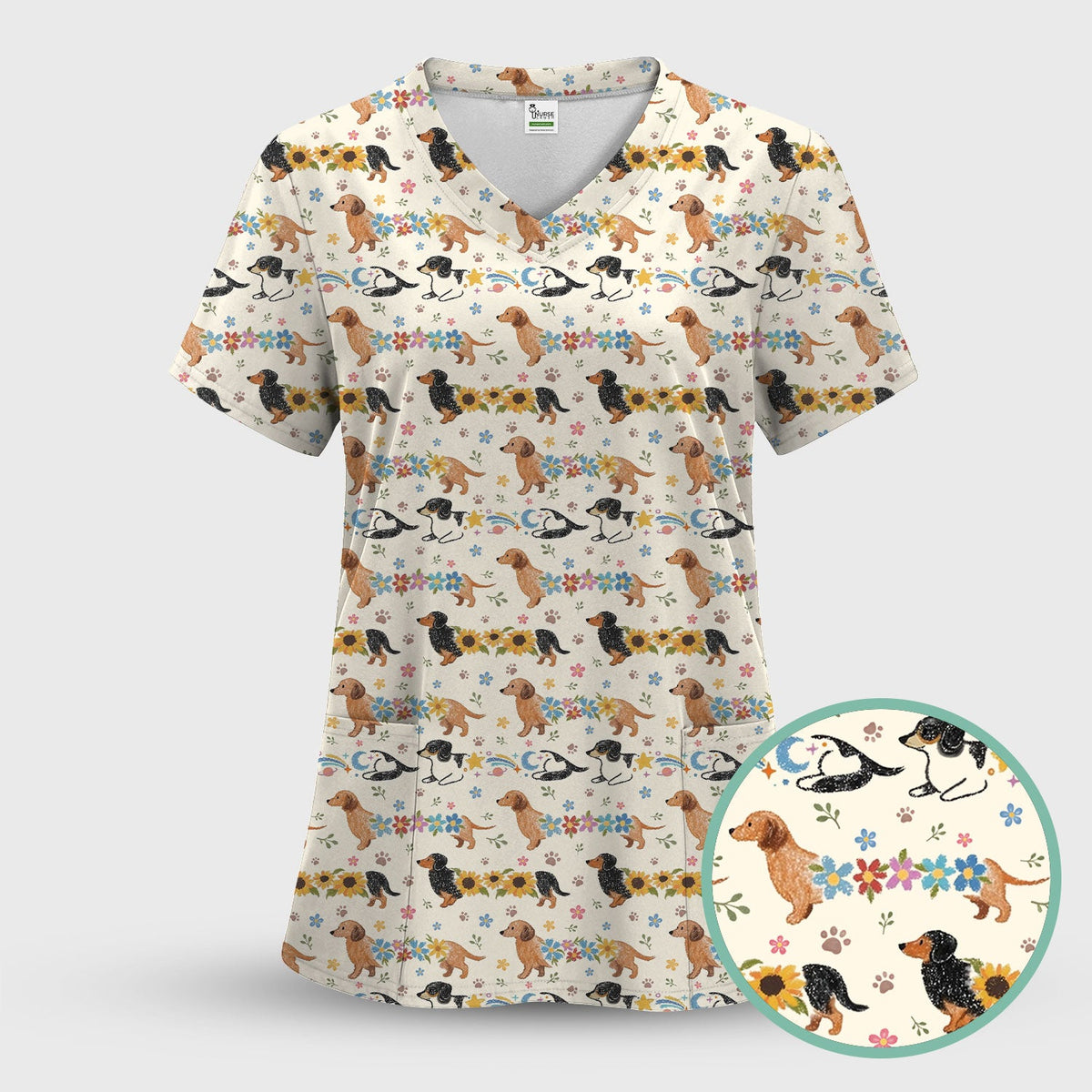 Floral Wiener Dog Nurse Scrub Top