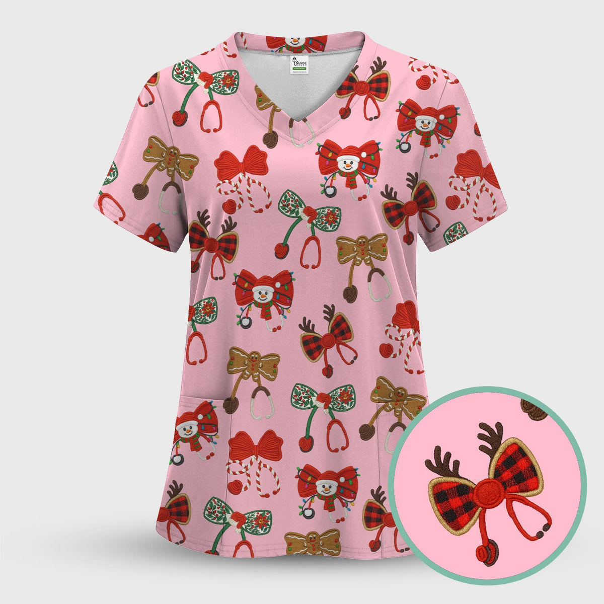 Christmas Stethoscope Bow Nurse Scrub Top