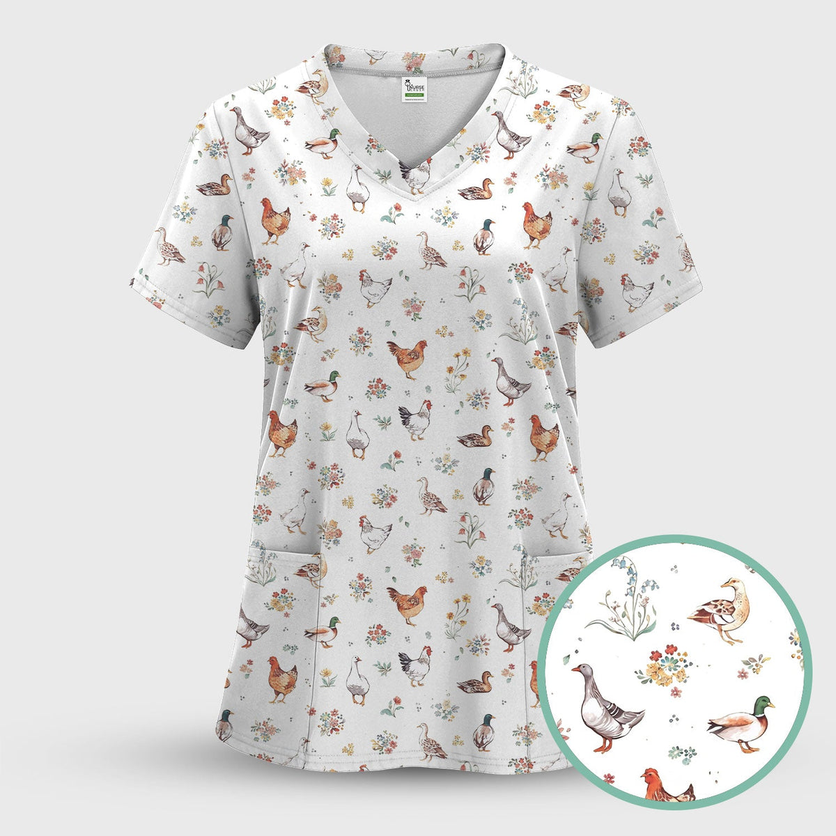 Farm Chicken Duck Floral Pattern Scrubs Top, Comfortable Scrubs for Nurses
