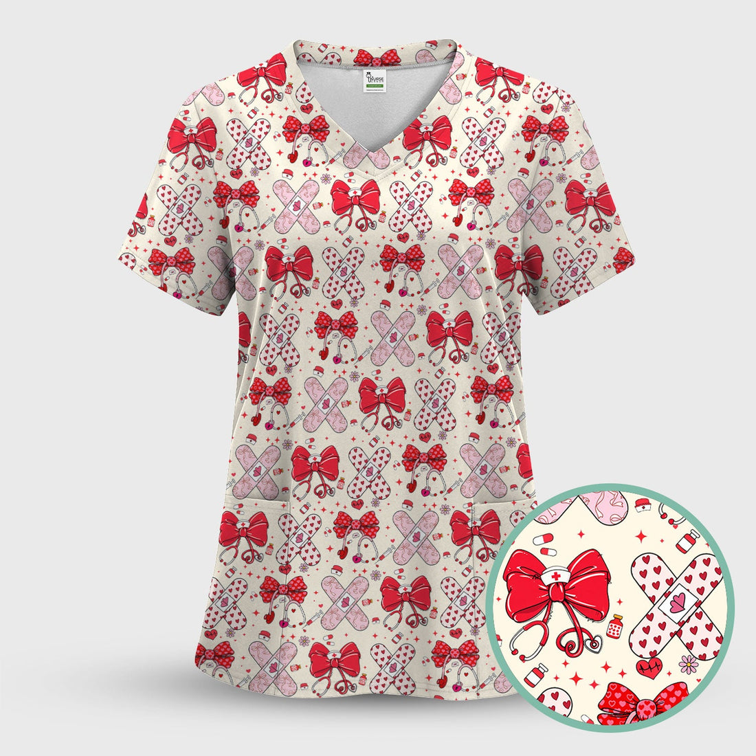 Valentine Nurse Red Bow Heart Bandage Scrub Top