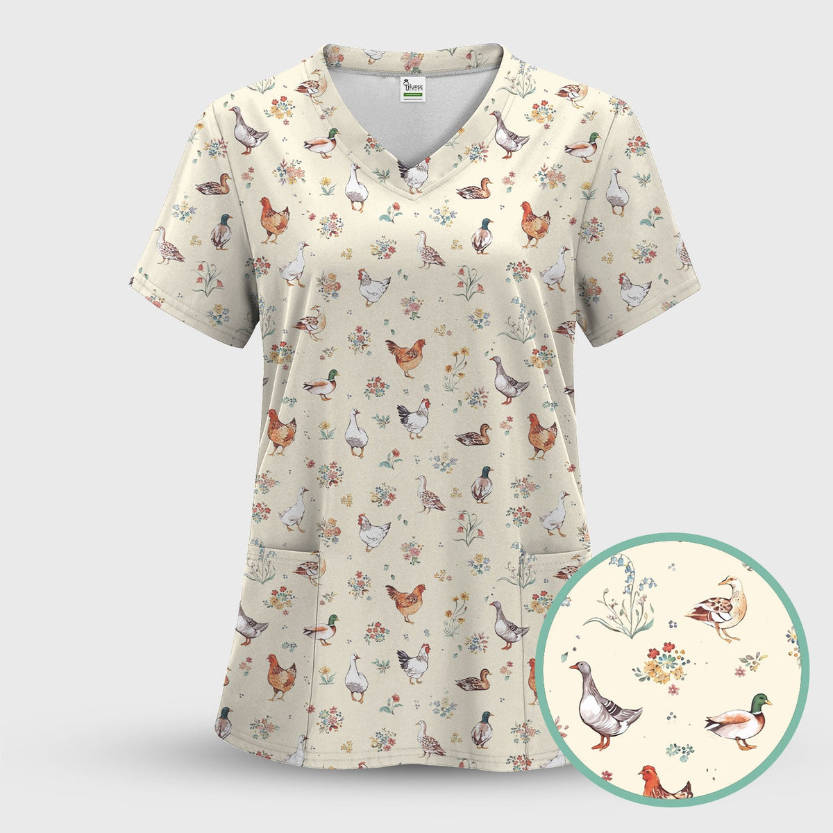 Farm Chicken Duck Floral Nurse Scrub Set