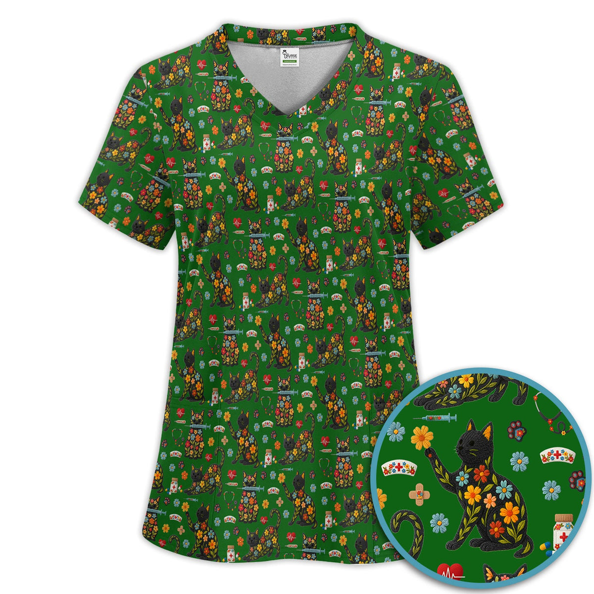 Floral Black Cat Nurse Scrub Set