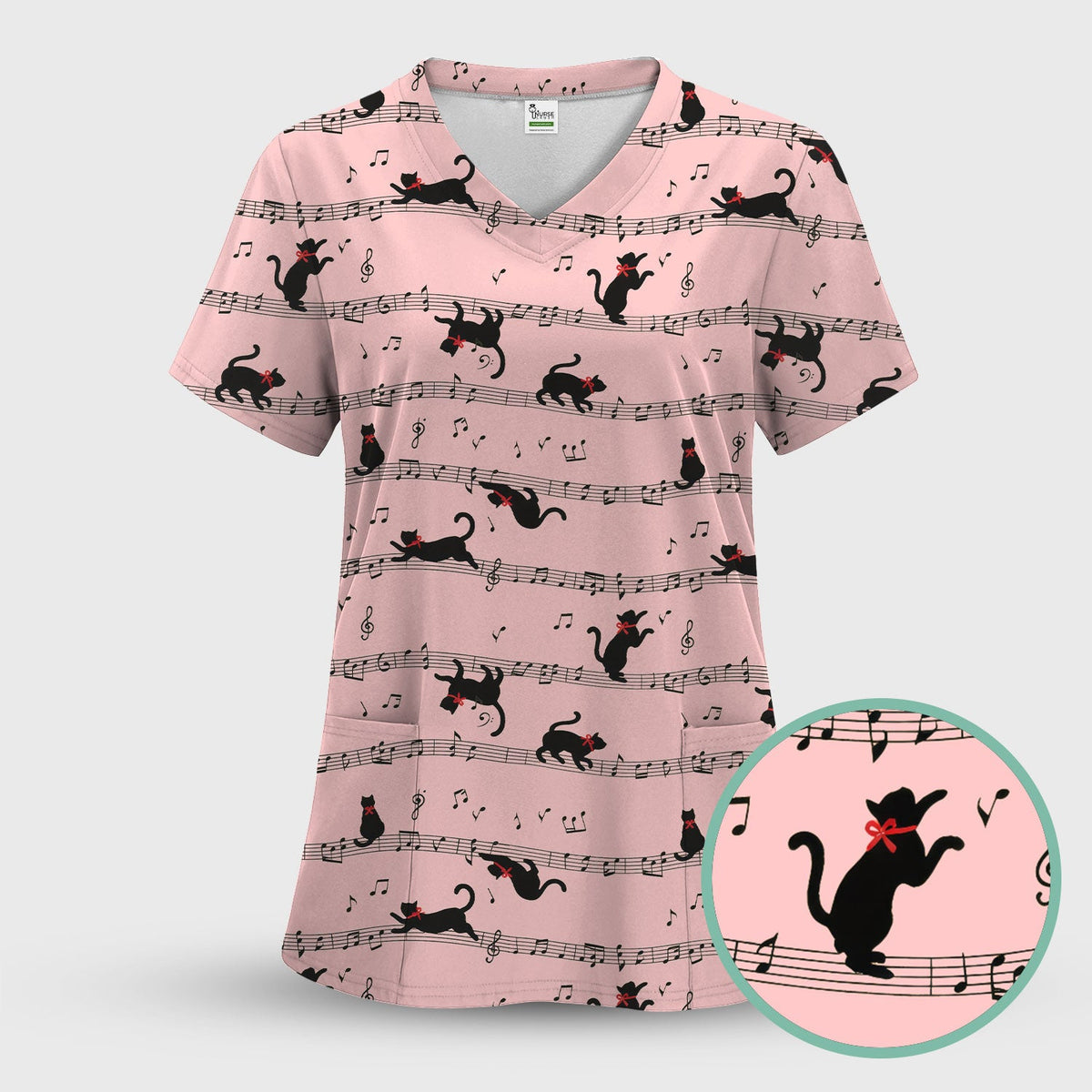 Dancing Black Cat Music Nurse Scrub Top