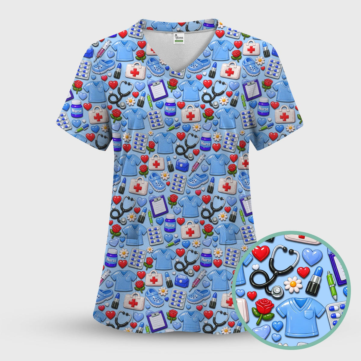 Medical Icons Scrub Top, Cute Pattern Nurse Shirt, Breathable Fabrics Nursing Uniform