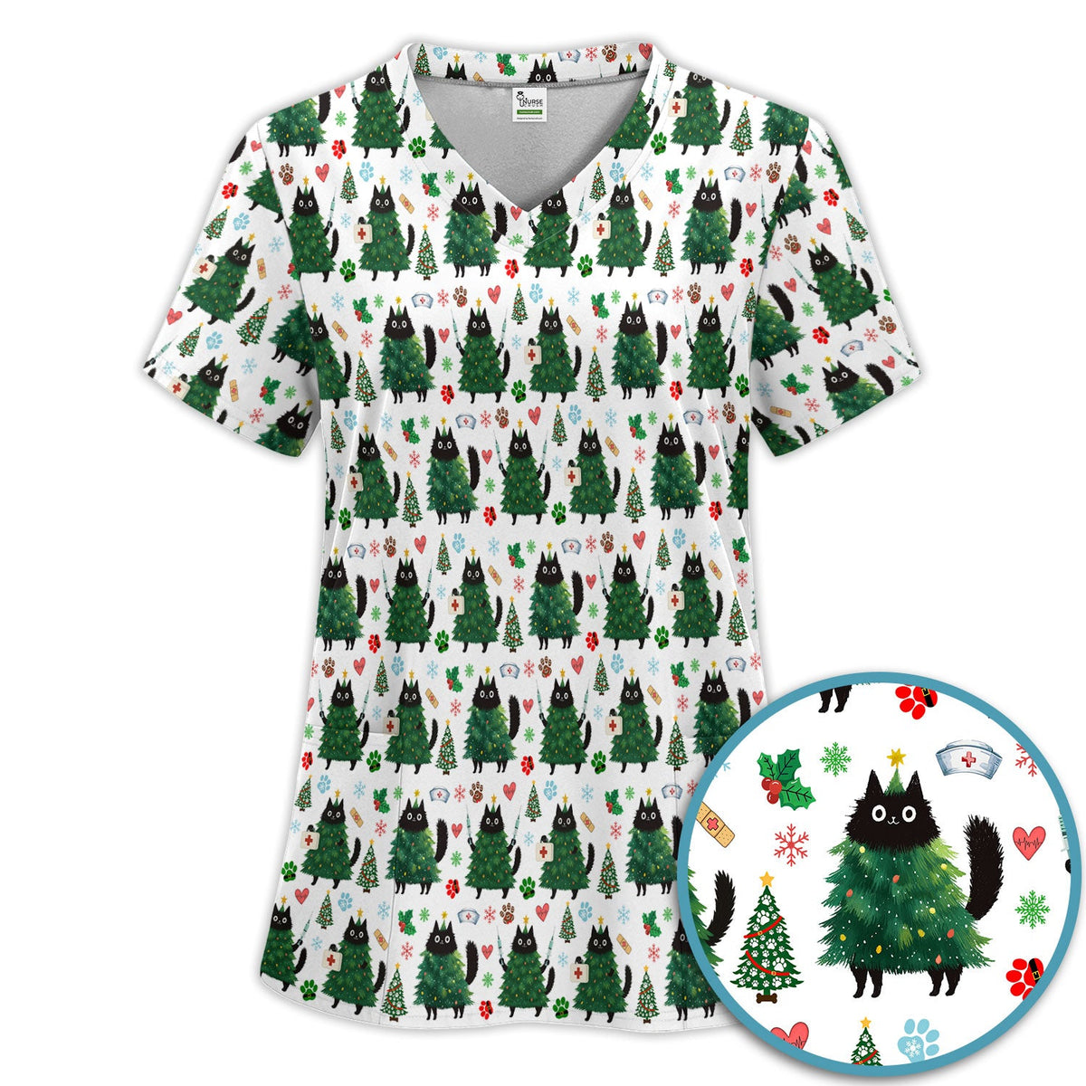 Christmas Black Cat Nurse Scrub Set